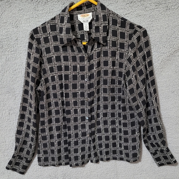 Talbots Petites Pure Silk Black & White Square Button up Shirt Size 10 - Picture 1 of 7